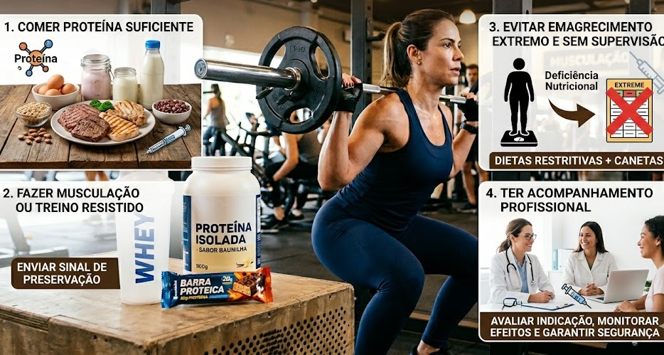 Infográfico explicativo sobre como evitar a perda de massa muscular com canetas emagrecedoras, destacando no centro uma mulher fazendo agachamento com barra na academia e, ao redor, quatro quadros com dicas sobre consumo de proteínas, musculação, riscos de dietas restritivas e a importância do acompanhamento médico.